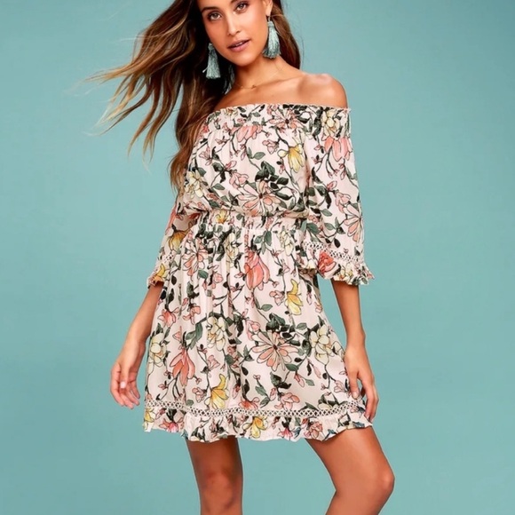 Lulus Hello Darling Mini Dress Pink Blush Green Floral Print Small Off Shoulder - Picture 1 of 14